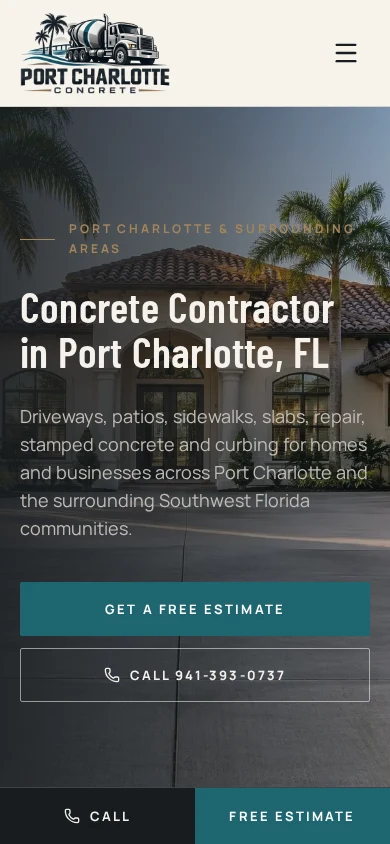 Real Port Charlotte Concrete website, mobile view