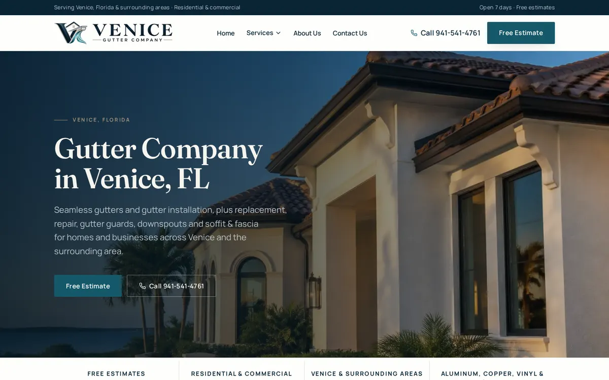 Actual homepage of Venice Gutter Company