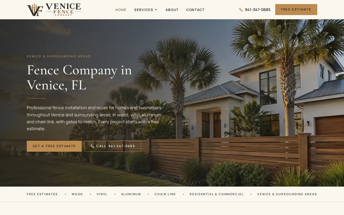 Actual homepage of Venice Fence Company