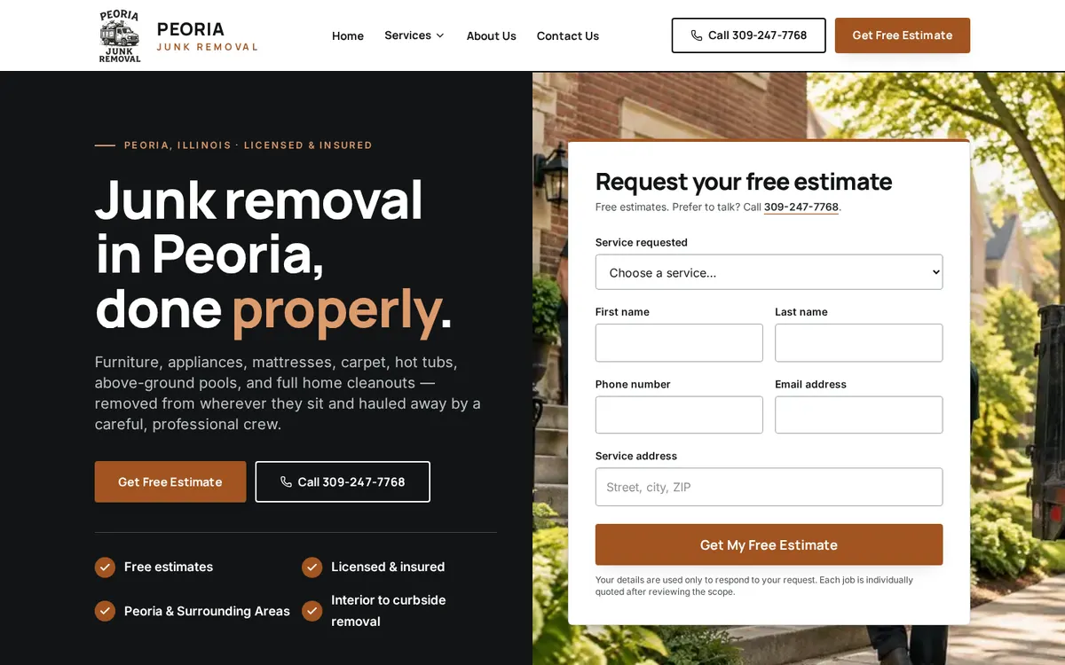 Actual homepage of Peoria Junk Removal