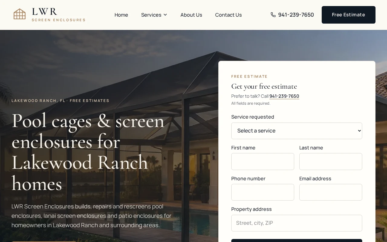 Real Lakewood Ranch Screen Enclosures website, desktop view