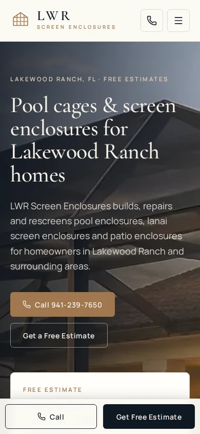 Real Lakewood Ranch Screen Enclosures website, mobile view