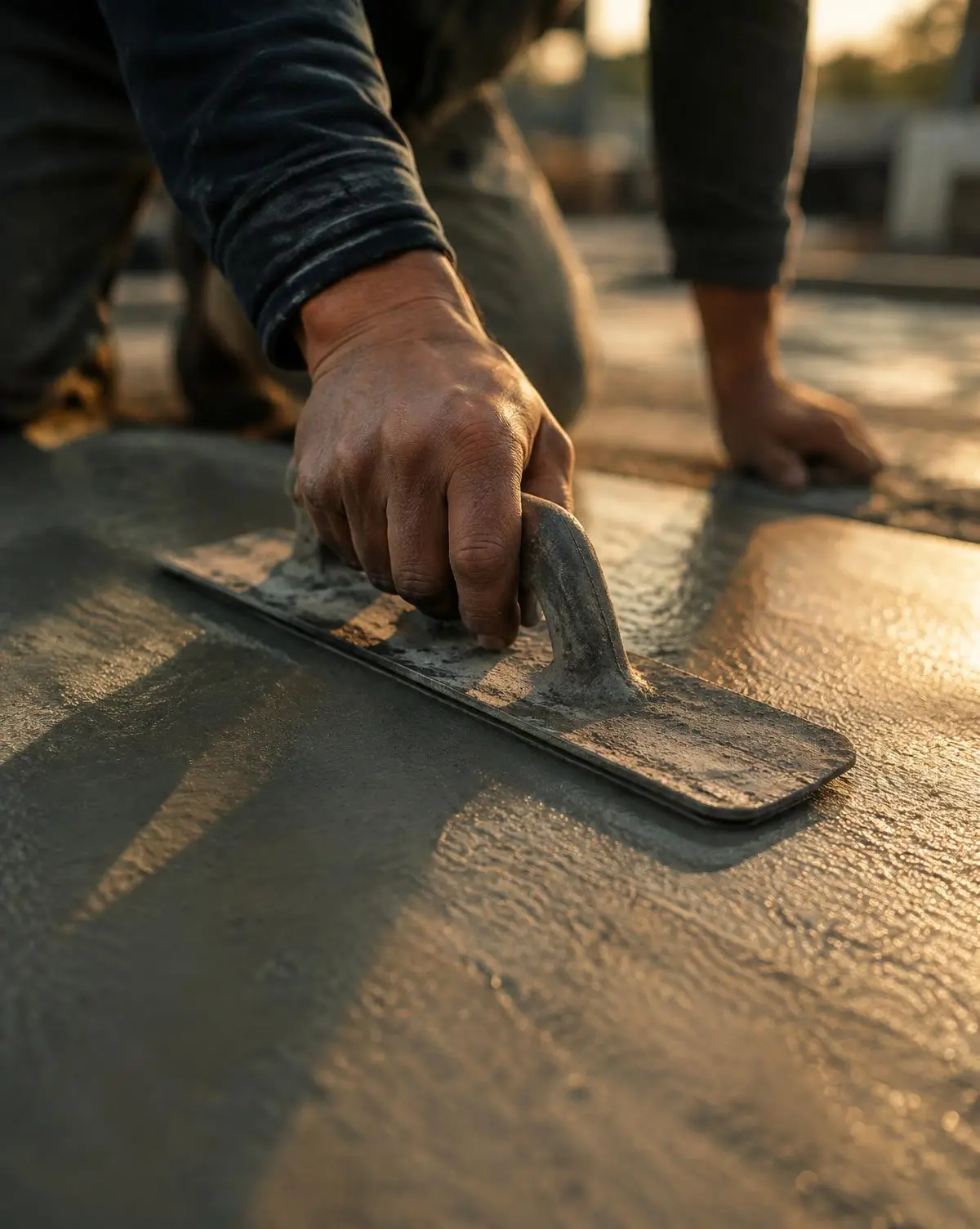 Close-up of a craftsperson carefully finishing fresh concrete